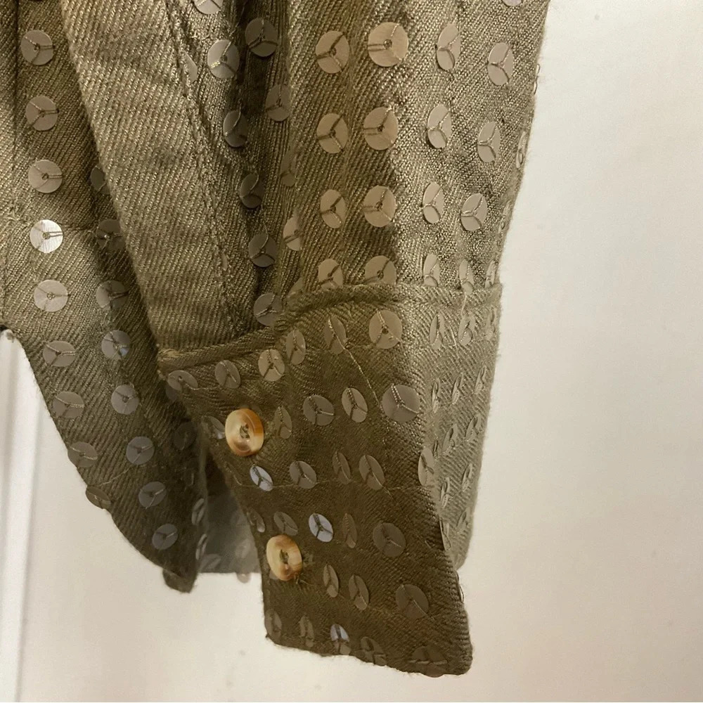 Maeve Anthropologie Arwa olive green button up shirt with sequins. Size:XS - Picture 5 of 14